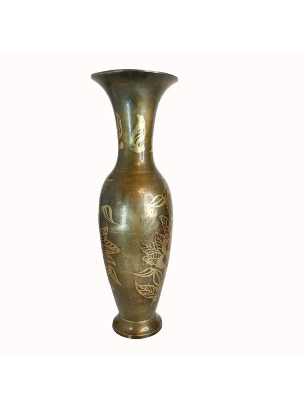 Vintage India Solid Brass Vase Engraved Floral Flower 13.75